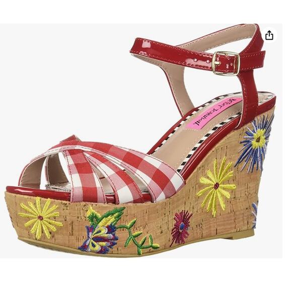 Betsey Johnson Traci Platform Wedge Sandals Red Multi Gingham Floral - Picture 1 of 8